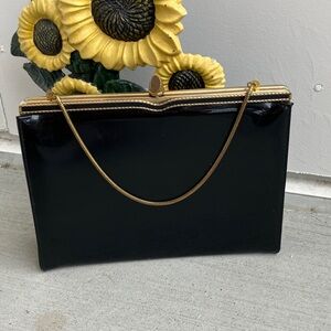 Vintage 50s 60s Shiny Black Gold Patent Leather Evening Bag Convertible Clutch
